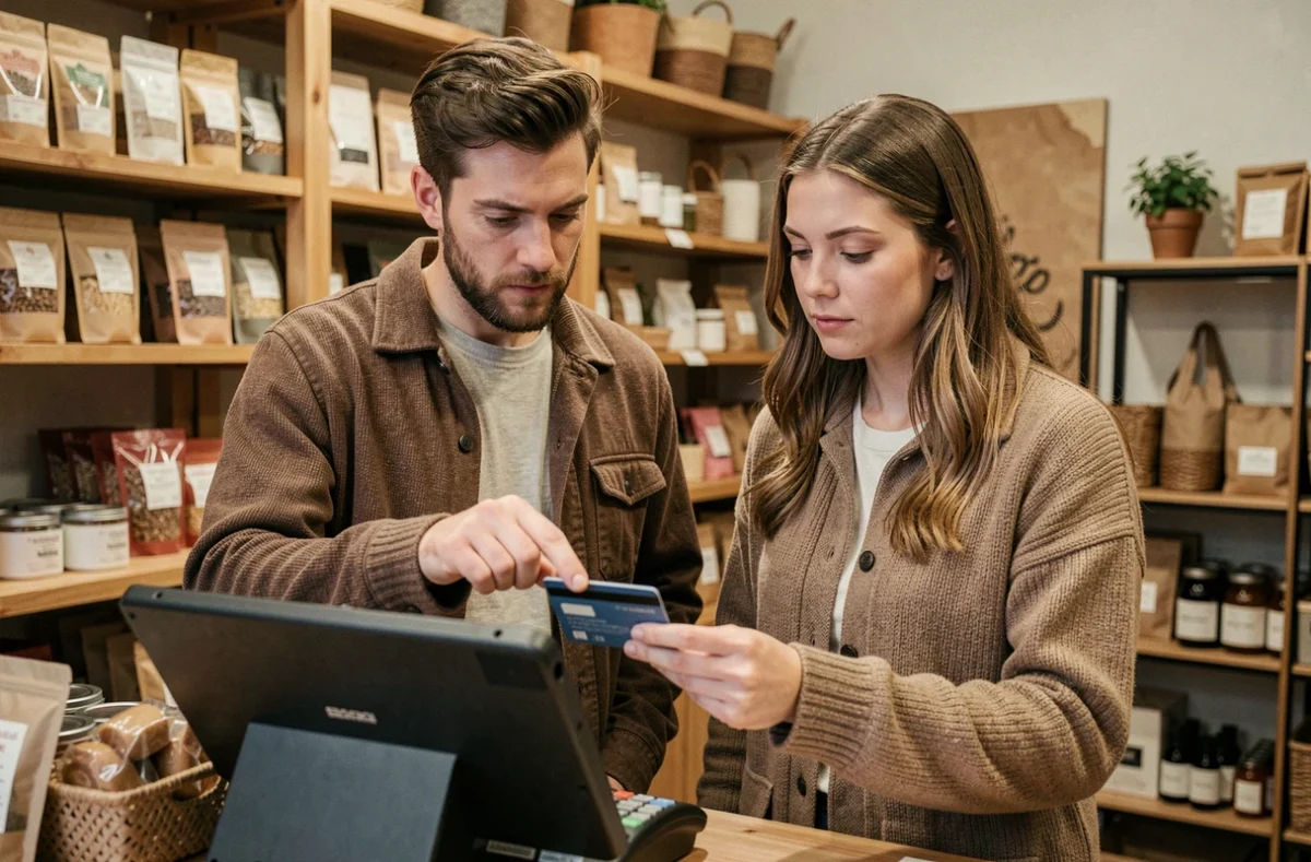 Couple effectuant un paiement sécurisé sans contact sur une tablette dans une boutique locale