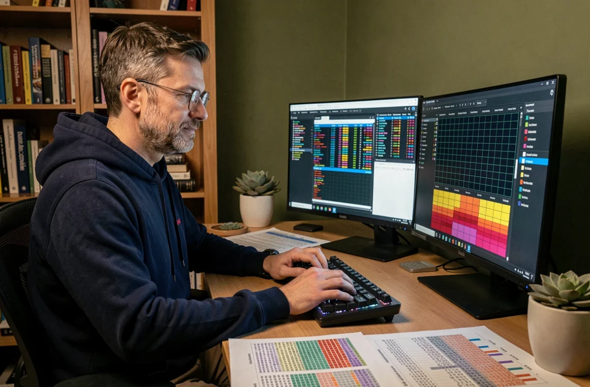 Data scientist analysant des matrices de données sur deux écrans dans un bureau à domicile