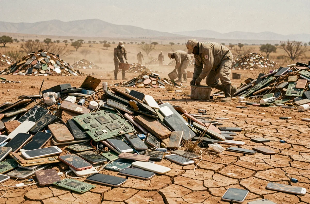 Décharge de déchets électroniques à ciel ouvert contenant des smartphones usagés, illustrant l'impact environnemental et la pollution des téléphones portables