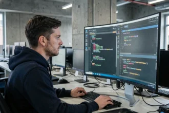 Développeur web comparant FastAPI et Django sur deux éditeurs de code côte à côte dans un bureau tech moderne