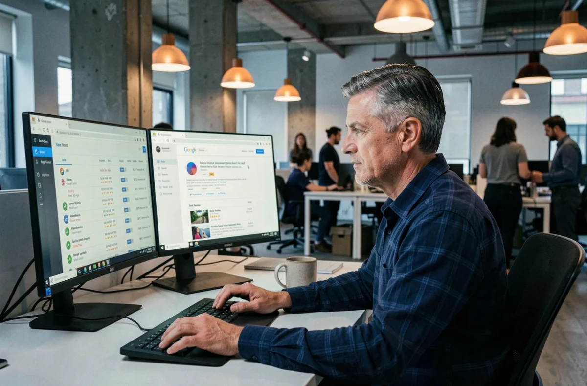 Un développeur configurant un flux RSS depuis Google News sur deux écrans dans un open space