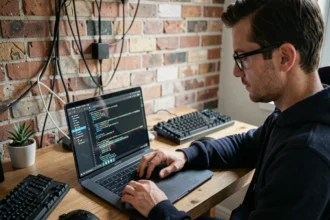 Développeur informatique analysant une configuration réseau WireGuard sur un ordinateur portable dans un bureau à domicile