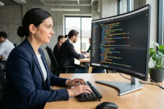 Développeuse SQL concentrée devant un écran d'IDE affichant des requêtes SQL dans un bureau moderne en open space