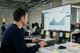 Développeur web analysant les performances d'une application sur un tableau de bord de métriques dans un bureau moderne