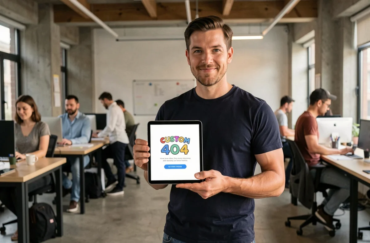 Développeur web tenant une tablette montrant une page 404 personnalisée bien conçue dans un bureau moderne