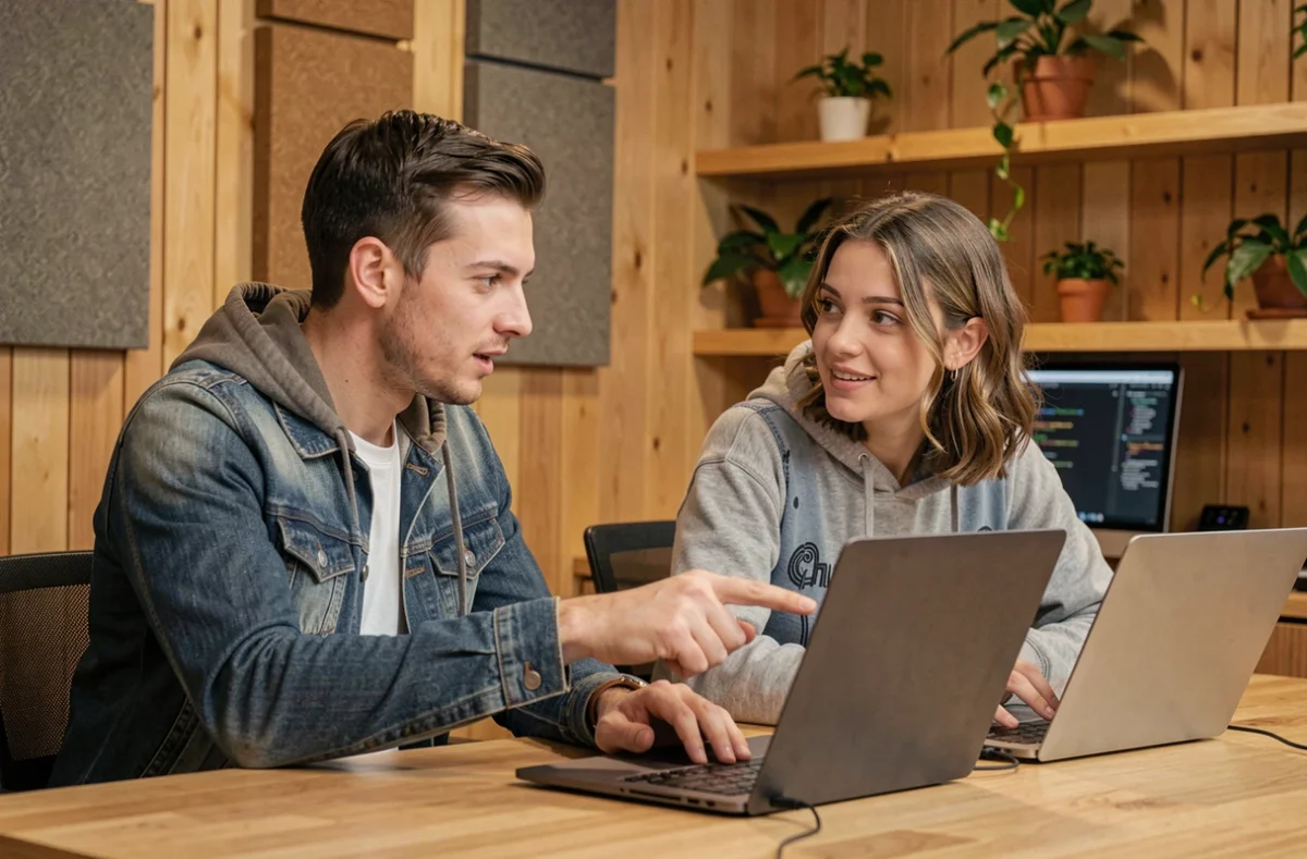 Deux développeurs logiciels travaillant en binôme sur leurs ordinateurs portables dans un espace de coworking — métiers informatique bien rémunérés