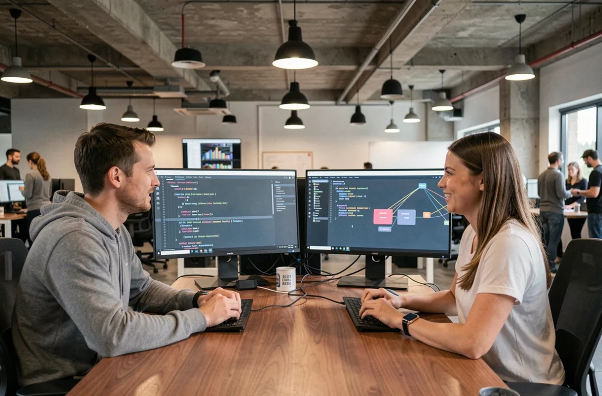 Deux développeurs collaborant sur la configuration d'une plateforme d'orchestration NFV MANO dans un bureau tech moderne