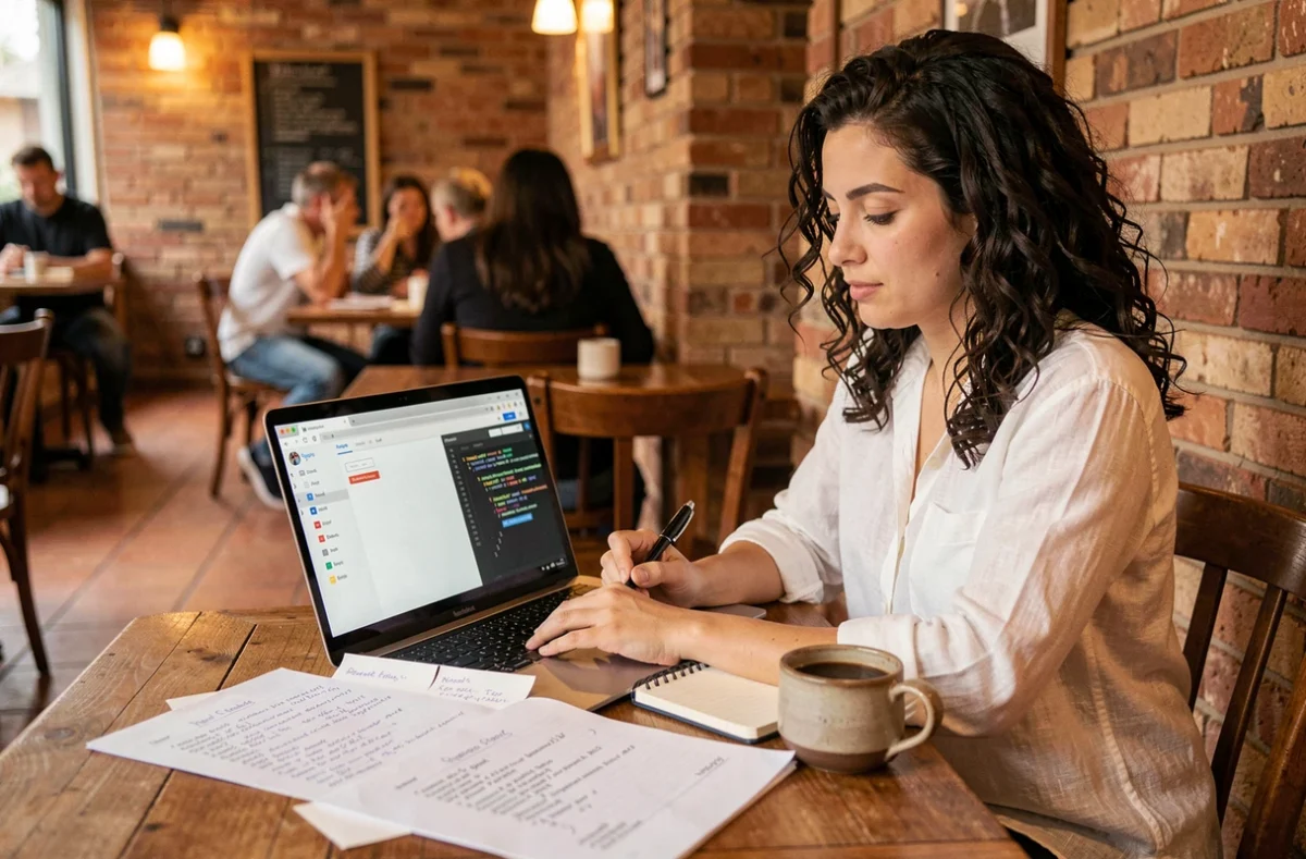 Développeuse Python prenant des notes sur les différences entre FastAPI et Django dans un café avec documentation imprimée