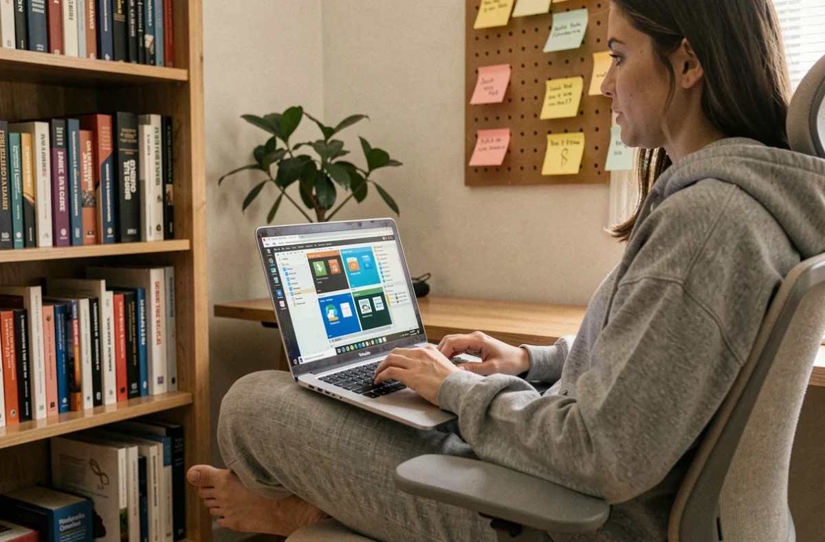 Développeuse travaillant sur un logiciel de virtualisation depuis son bureau à domicile avec un ordinateur portable