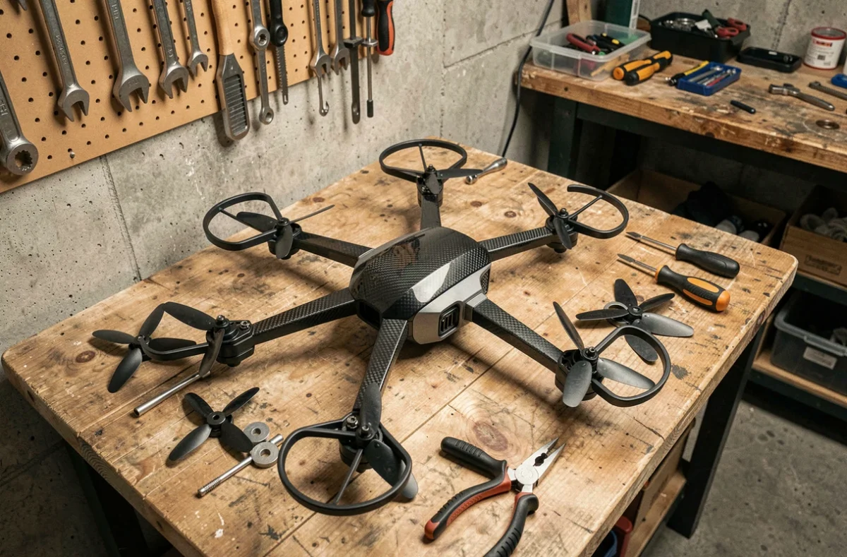 Drone de course professionnel posé sur un établi avec des pièces détachées, illustrant le prix d'un drone FPV haut de gamme