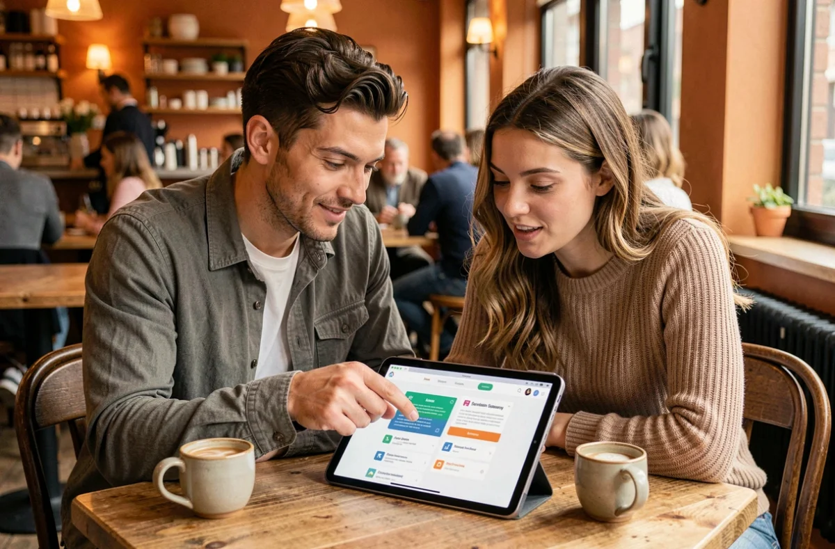 Deux personnes consultant une application web collaborative sur tablette dans un café