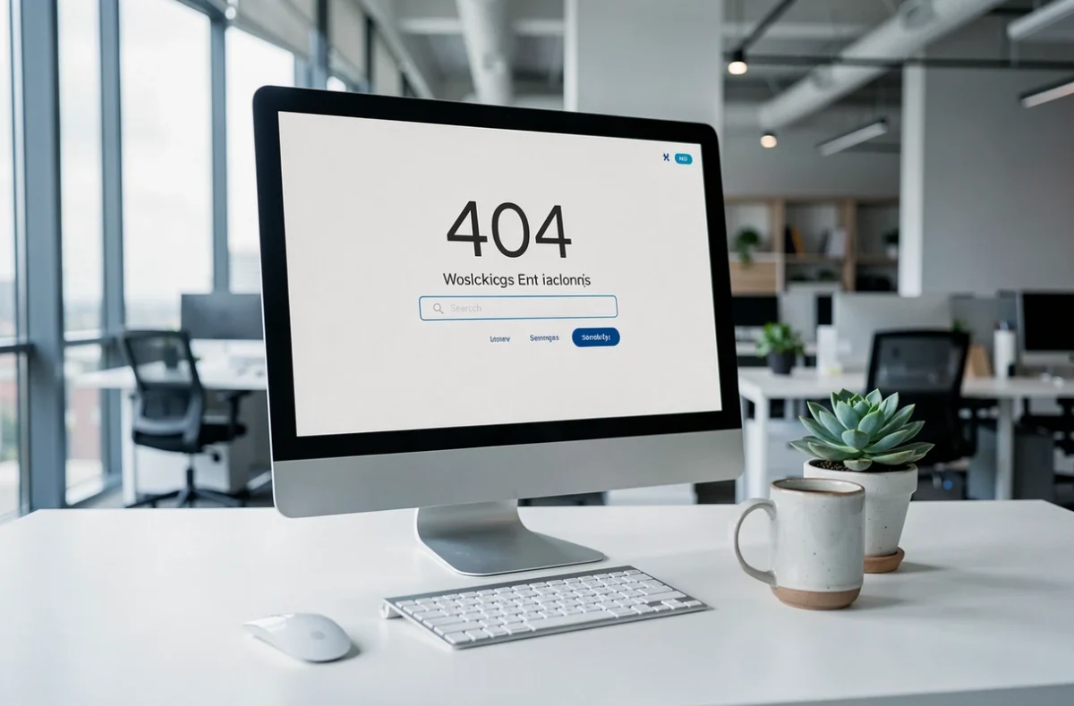 Écran d'ordinateur affichant une page 404 créative et bien conçue sur un bureau épuré avec une plante succulente
