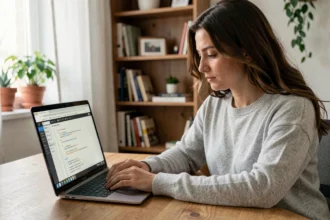 Femme utilisant un éditeur de texte en ligne sur un ordinateur portable dans un bureau à domicile