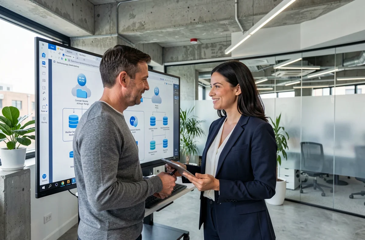 Deux professionnels en entreprise analysant une architecture de stockage cloud sur un grand écran dans un bureau moderne