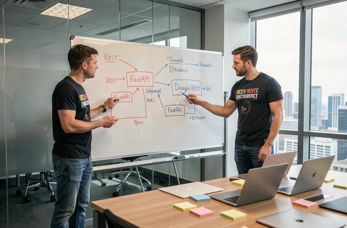 Deux développeurs discutant d'une architecture comparant FastAPI et Django sur un tableau blanc dans une salle de réunion startup