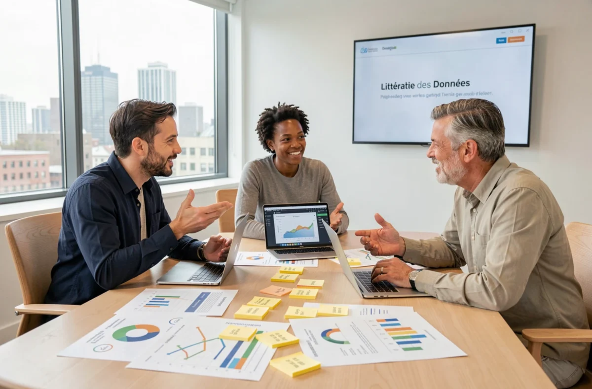 Équipe professionnelle collaborant autour des 4V de la littératie des données lors d'un atelier en salle de réunion