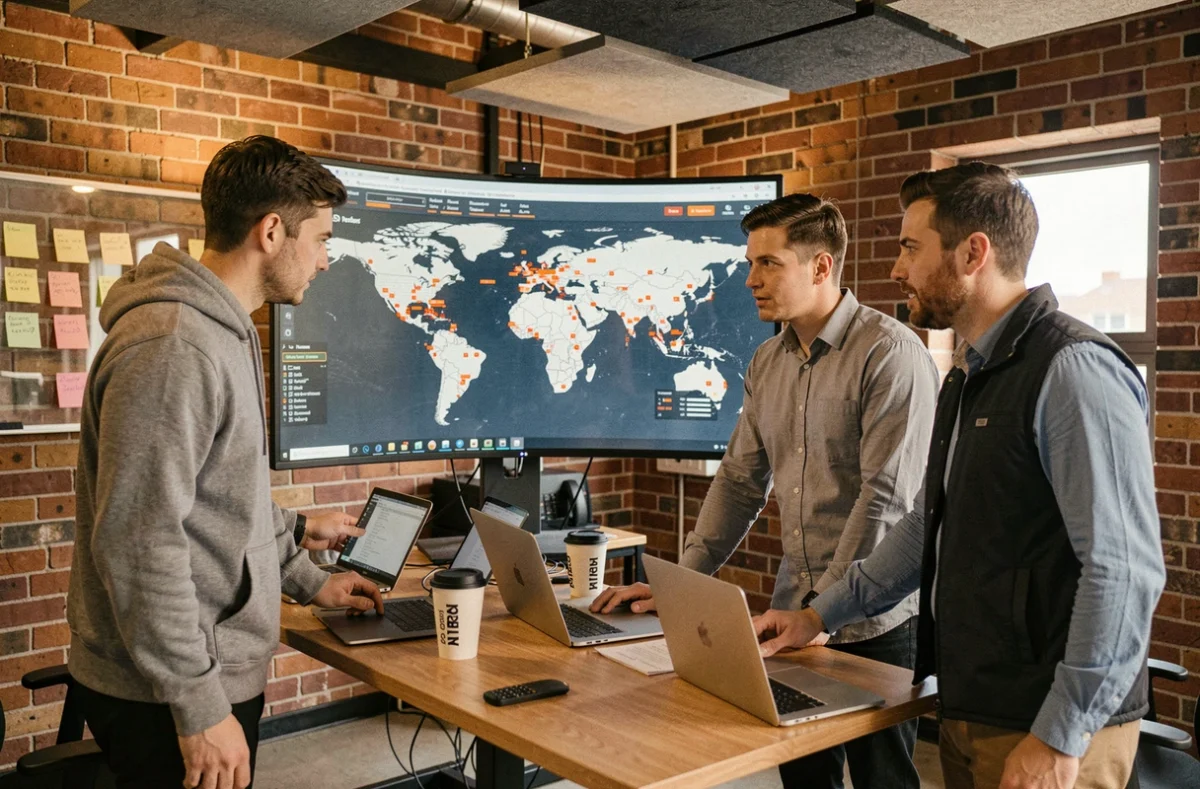 Équipe de cybersécurité collaborant devant une carte de menaces en temps réel dans un bureau moderne