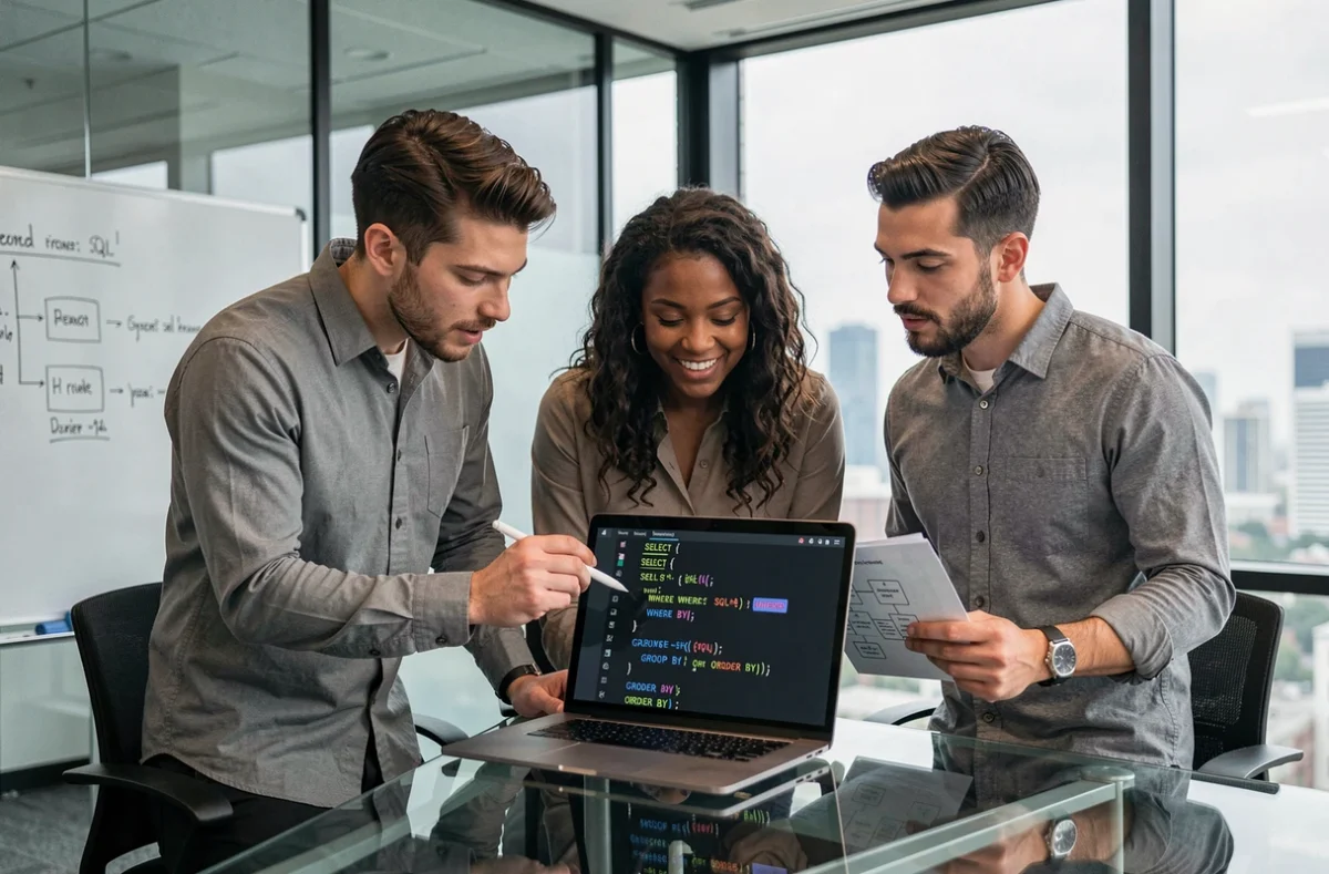 Équipe de développeurs discutant des commandes SQL les plus courantes autour d'un ordinateur portable en salle de réunion