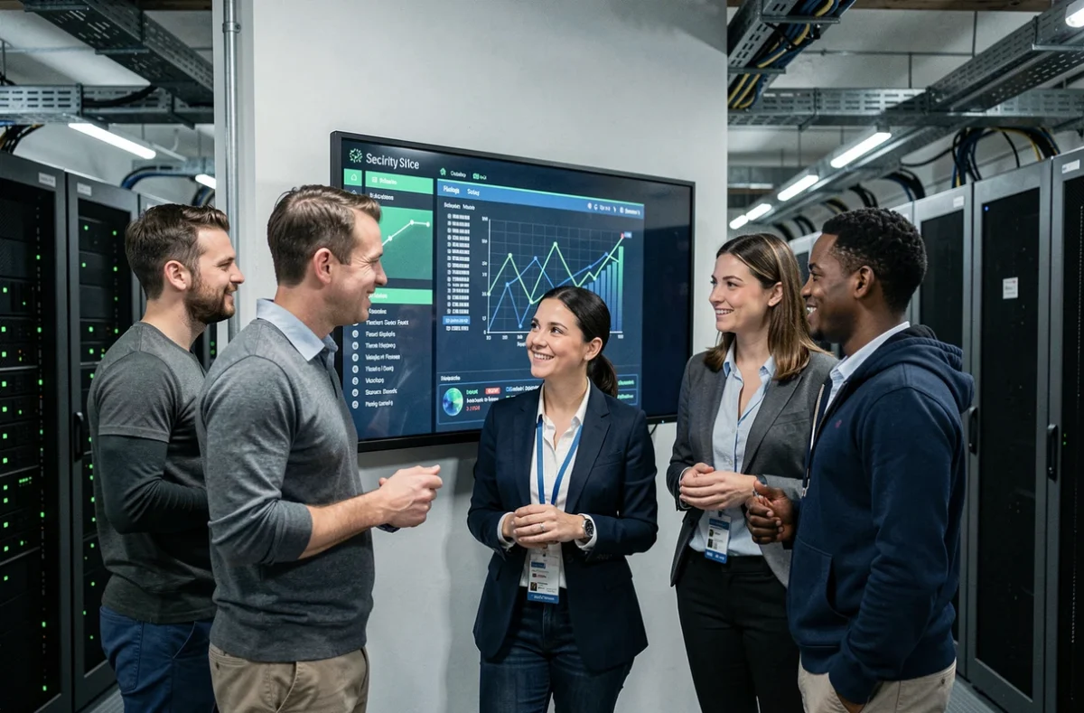 Équipe informatique analysant un tableau de bord de sécurité réseau dans une salle de serveurs