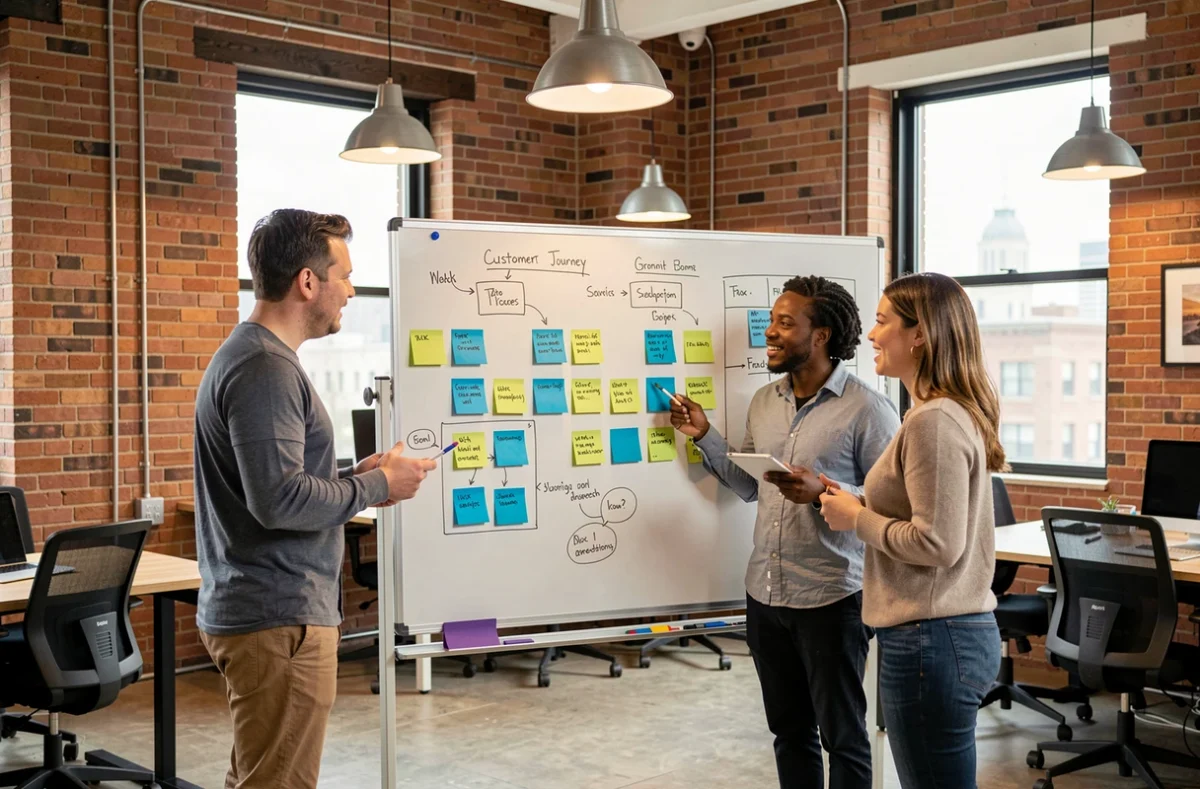 Équipe marketing collaborant autour d'un tableau blanc avec des schémas de segmentation et profils ICP