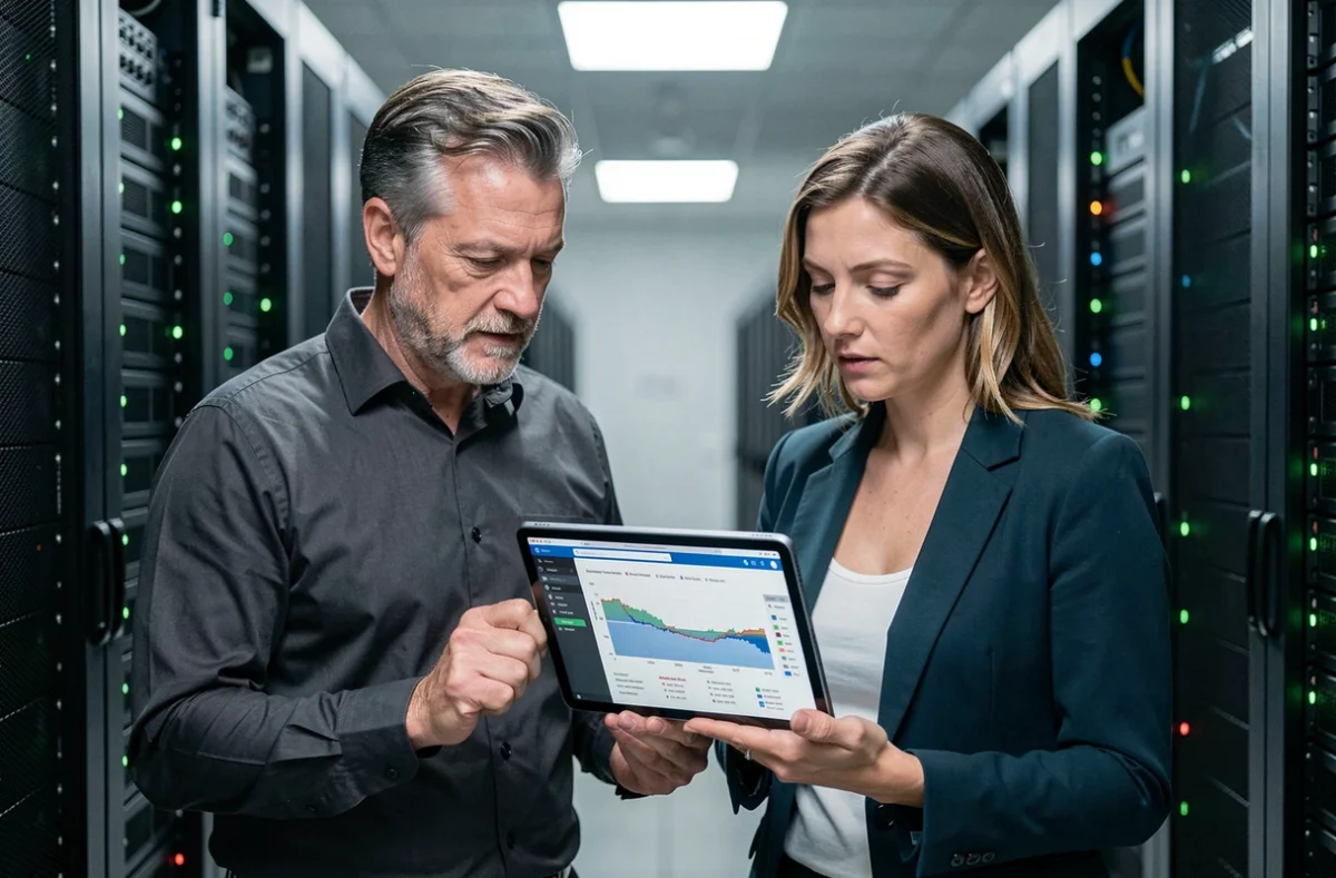 Deux ingénieurs QA analysant un rapport de performance d'application web en temps réel dans une salle des serveurs
