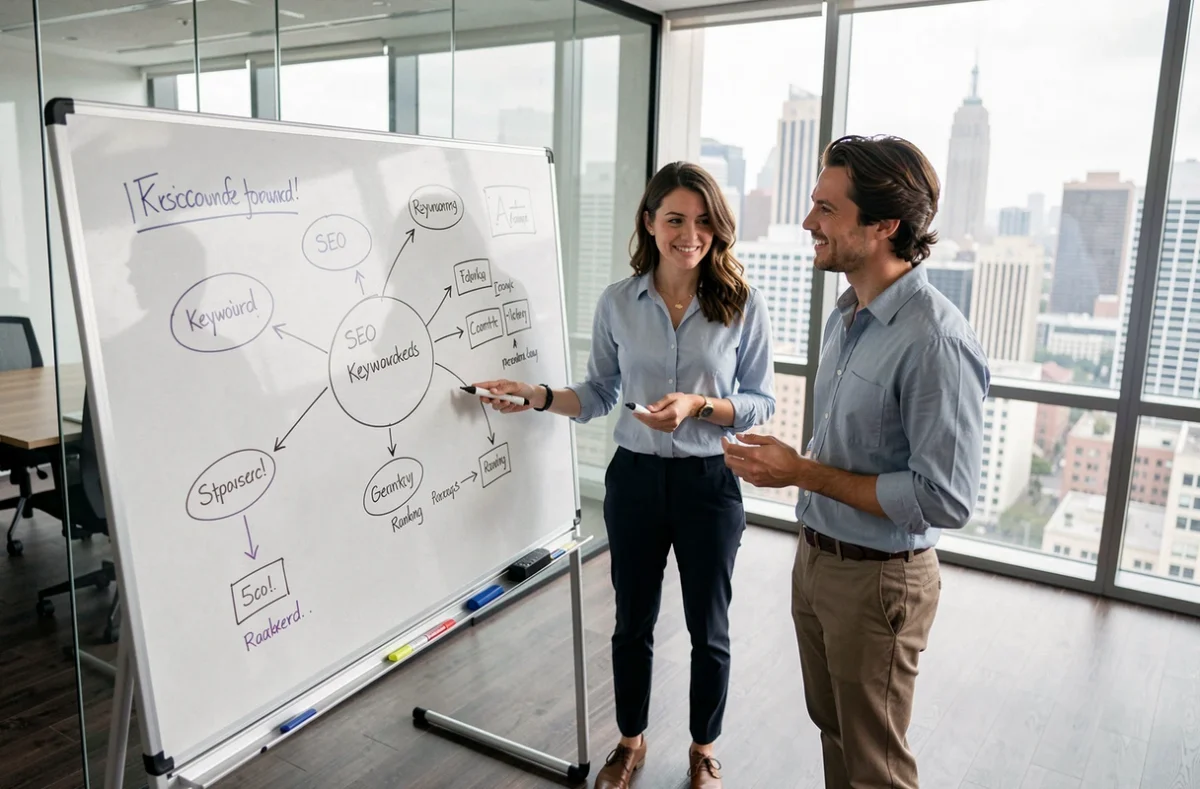Équipe marketing collaborant sur une stratégie SEO autour d'un tableau blanc dans une agence digitale moderne
