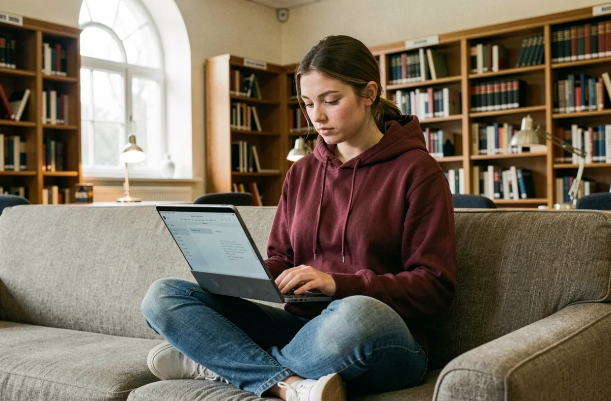 Étudiante rédigeant un texte sur une tablette avec clavier dans une bibliothèque universitaire sans Microsoft Word