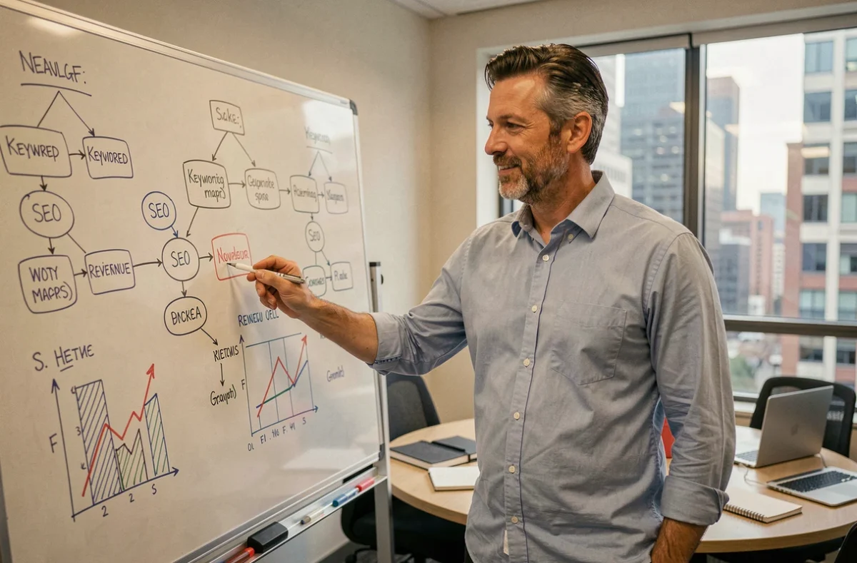 Expert SEO présentant une stratégie de référencement payant et de génération de revenus en agence digitale