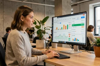 Experte SEO analysant des données de référencement naturel sur un grand écran dans un bureau moderne en 2026