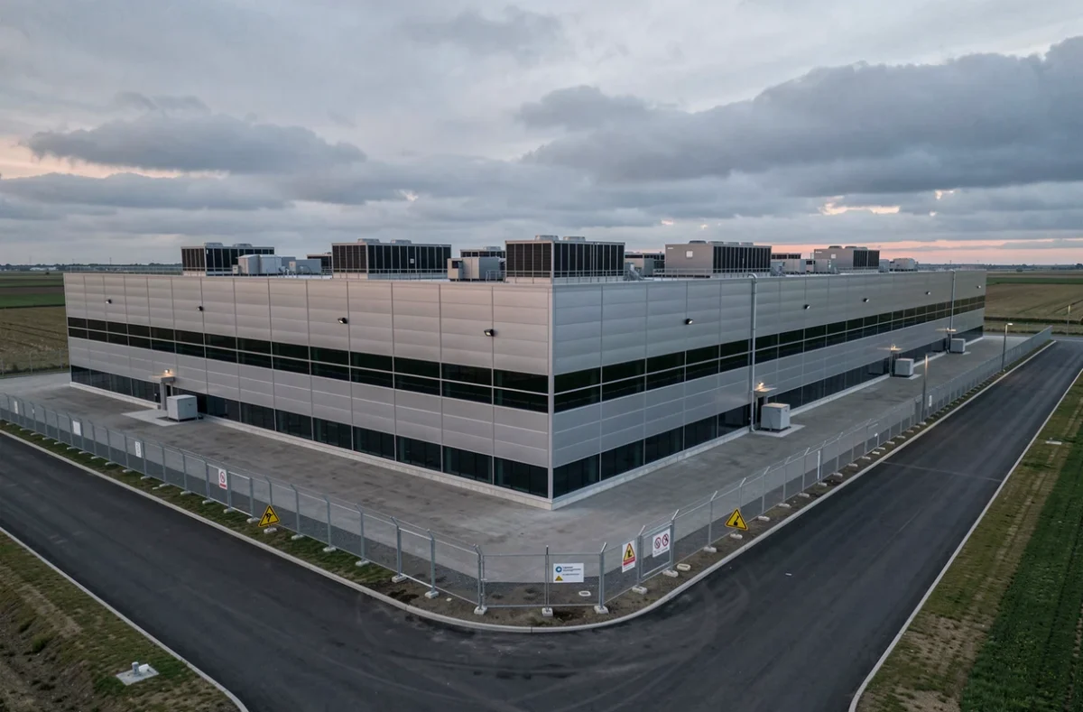 Façade extérieure d'un immense data center hyperscale avec des unités de refroidissement en toiture et une clôture sécurisée, illustrant l'architecture massive des plus grands centres de données mondiaux