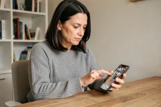 Femme utilisant un smartphone pour afficher des applications sur l'écran d'accueil