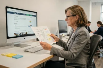 Femme professionnelle analysant des exemples de critères WCAG sur des documents imprimés dans un bureau moderne