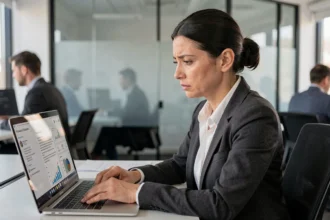 Femme professionnelle analysant des données personnelles sur un ordinateur portable en open space