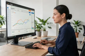 Femme analysant les statistiques de référencement sur un écran d'ordinateur dans un bureau moderne
