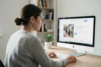 Femme professionnelle analysant un site web attractif sur un grand écran dans un bureau moderne
