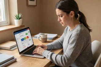Femme analysant les plans tarifaires de Wix sur son ordinateur portable dans un bureau à domicile