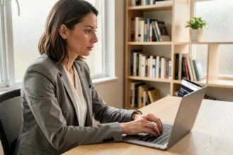 Femme professionnelle analysant une structure d'URL sur son ordinateur portable pour optimiser le référencement SEO