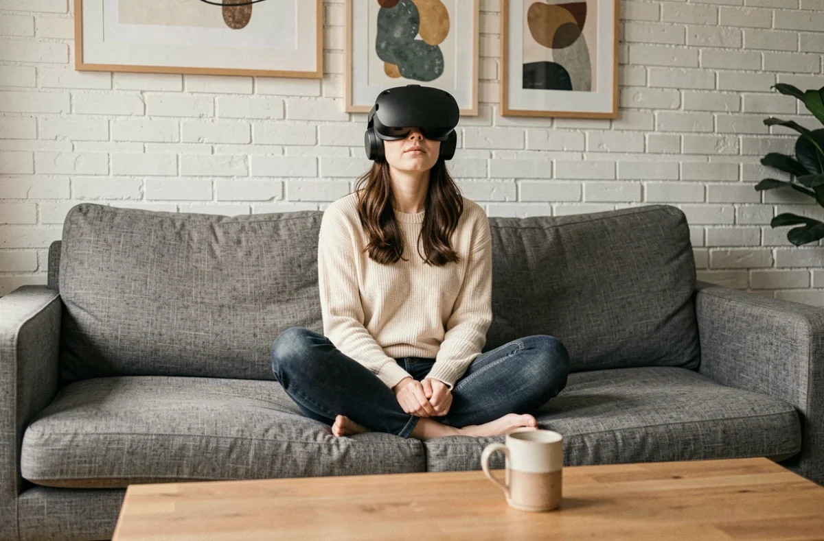 Femme immergée dans une expérience Apple Vision Pro sur un canapé dans un salon au design scandinave