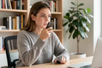 Femme utilisant une application vocale sur smartphone dans un bureau à domicile moderne