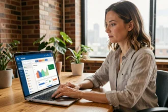 Femme utilisant une application web sur ordinateur portable dans un bureau moderne