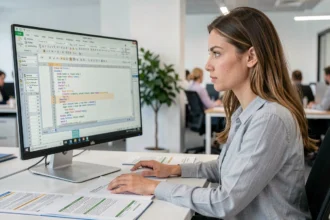 Femme concentrée devant un écran Excel avec éditeur de macros VBA ouvert dans un bureau moderne
