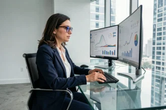 Femme cadre informatique analysant des données sur des écrans dans un bureau moderne — métiers bien payés en IT