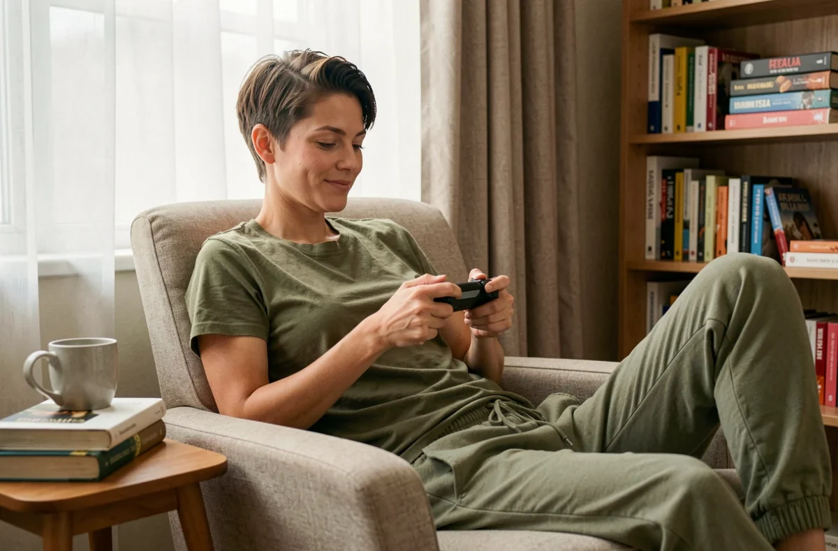 Femme adulte jouant à une console portable dans un coin lecture cosy de son appartement