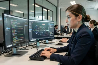 Femme professionnelle en cybersécurité analysant du code sur des écrans dans un bureau moderne