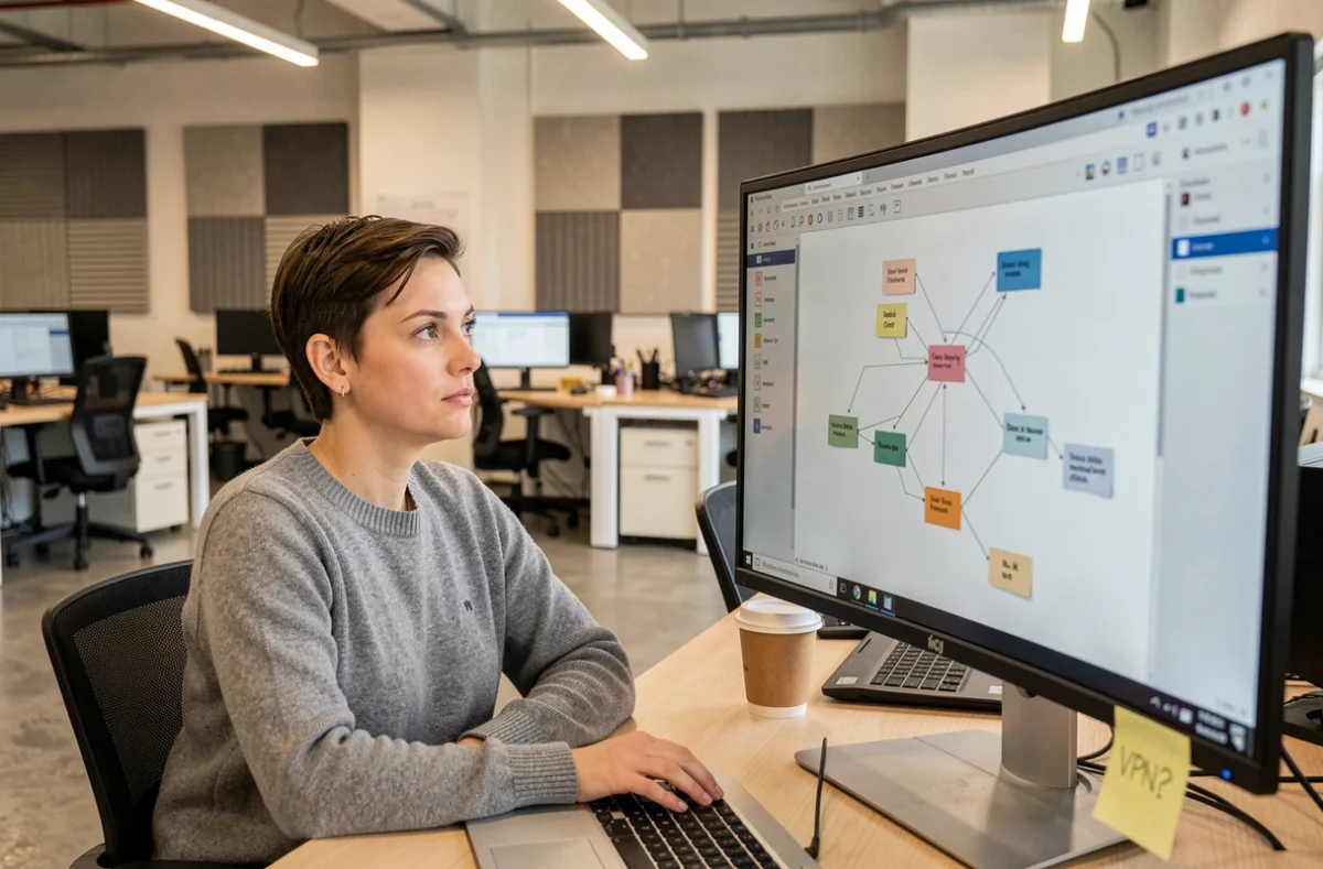 Femme découvrant WireGuard installé sur son poste de travail dans un espace de coworking