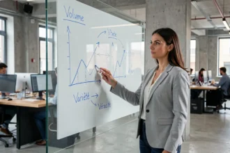 Femme experte en données expliquant les 4V de la littératie des données devant un tableau de bord en entreprise