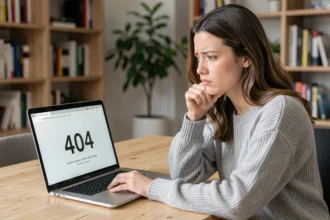 Femme frustrée devant une page d'erreur 404 sur son ordinateur portable dans un bureau à domicile moderne