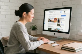 Une femme consultant Google News sur un iMac pour créer un flux RSS dans un bureau à domicile