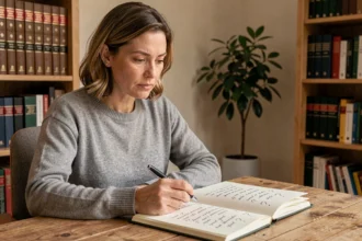 Femme pensive écrivant dans un carnet avec des points d'interrogation, cherchant la signification d'un mot