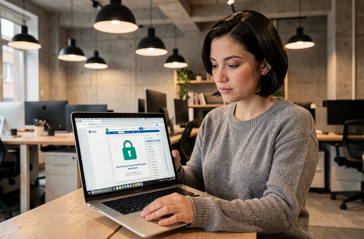 Femme consultant les informations de sécurité TLS dans son navigateur sur un ordinateur portable dans un espace de coworking